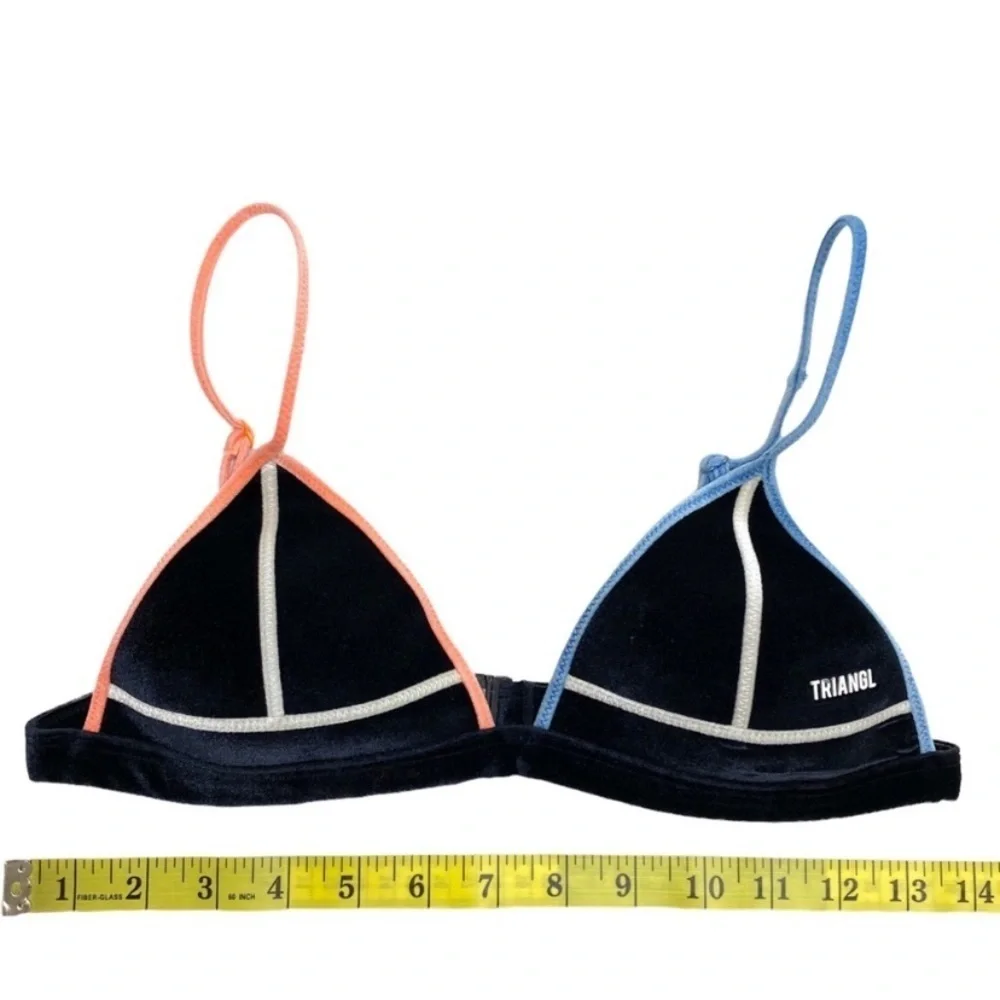 TRIANGL Zodiac Color Block Velvet Triangle Swimwear Bikini Top Navy Size S